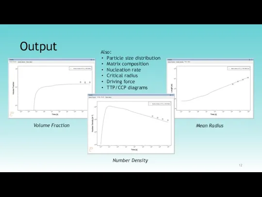 Output Volume Fraction Number Density Mean Radius Also: Particle size distribution Matrix