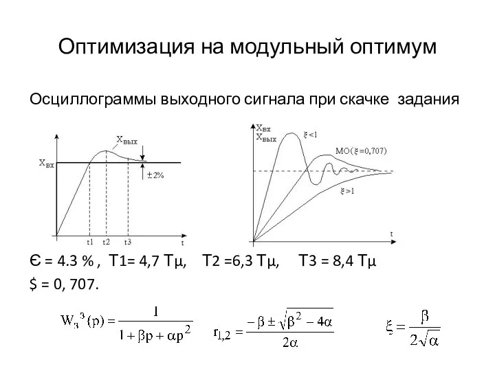 Оптимизация на модульный оптимум Осциллограммы выходного сигнала при скачке задания Є =