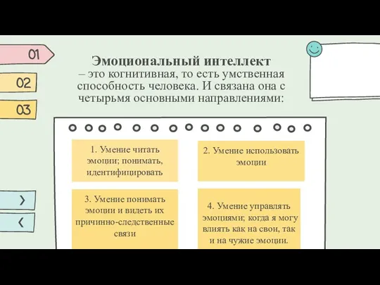 1. Умение читать эмоции; понимать, идентифицировать Эмоциональный интеллект – это когнитивная, то