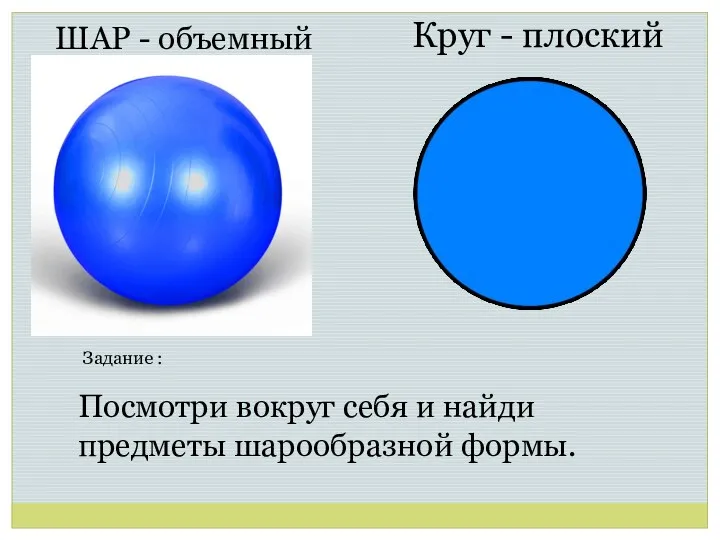 ШАР - объемный Круг - плоский Посмотри вокруг себя и найди предметы шарообразной формы. Задание :