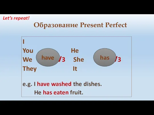 I You He We V3 She V3 They It e.g. I have