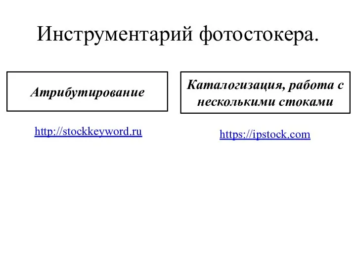 Инструментарий фотостокера. Атрибутирование Каталогизация, работа с несколькими стоками http://stockkeyword.ru https://ipstock.com