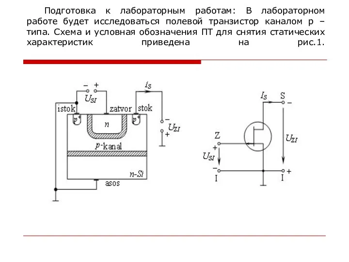 Подготовка к лабораторным работам: В лабораторном работе будет исследоваться полевой транзистор каналом