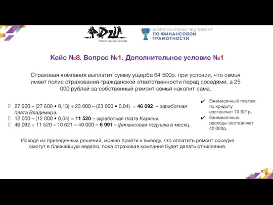 Кейс №8. Вопрос №1. Дополнительное условие №1 Страховая компания выплатит сумму ущерба