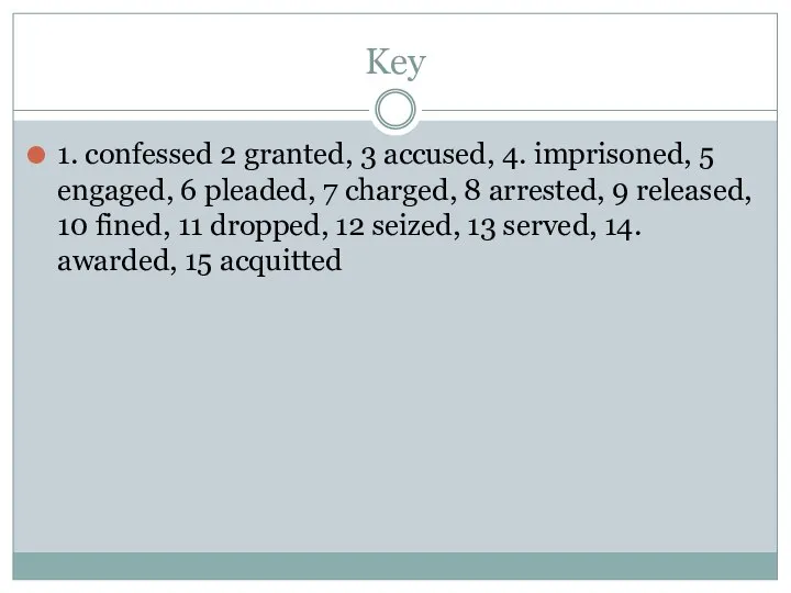 Key 1. confessed 2 granted, 3 accused, 4. imprisoned, 5 engaged, 6