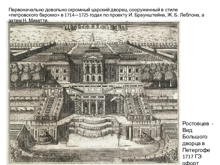 Первоначально довольно скромный царский дворец, сооруженный в стиле «петровского барокко» в 1714—1725