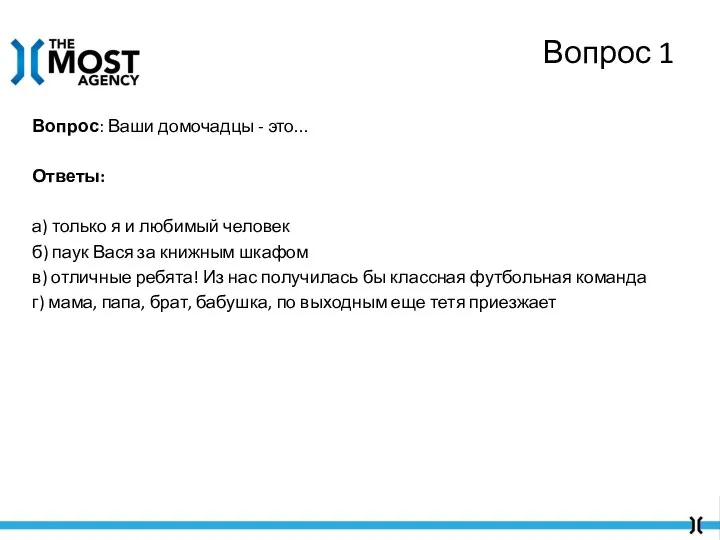 Вопрос: Ваши домочадцы - это... Ответы: а) только я и любимый человек