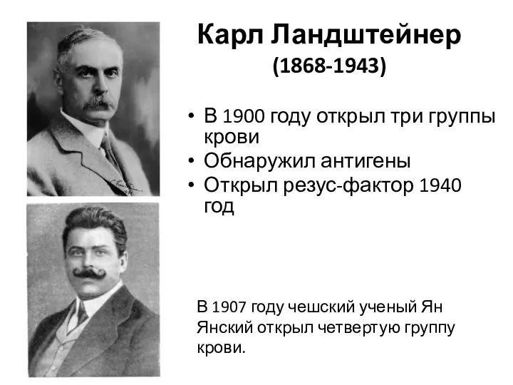 Карл Ландштейнер (1868-1943) В 1900 году открыл три группы крови Обнаружил антигены