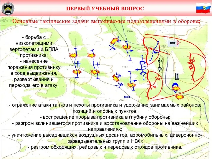 ПЕРВЫЙ УЧЕБНЫЙ ВОПРОС Основные тактические задачи выполняемые подразделениями в обороне: - отражение