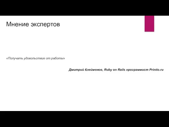 Мнение экспертов «Получать удовольствие от работы» Дмитрий Клейменов, Ruby on Rails программист Printio.ru