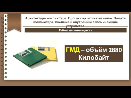 ГМД – объём 2880 Килобайт Гибкие магнитные диски Архитектура компьютера. Процессор, его