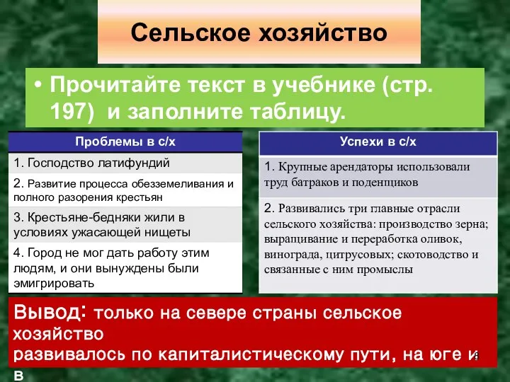 Сельское хозяйство Прочитайте текст в учебнике (стр. 197) и заполните таблицу. Вывод: