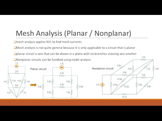 Mesh Analysis (Planar / Nonplanar) mesh analysis applies KVL to find mesh