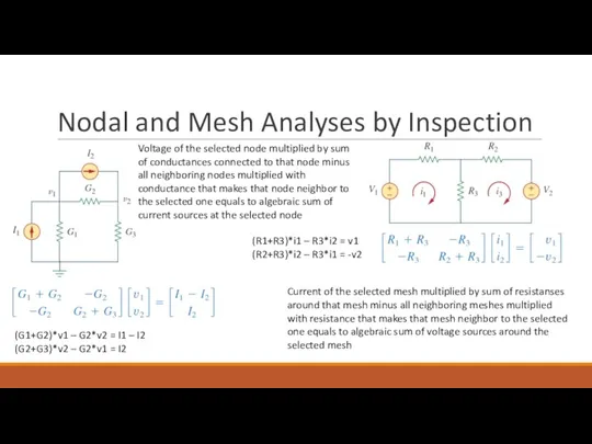 Nodal and Mesh Analyses by Inspection (G1+G2)*v1 – G2*v2 = I1 –