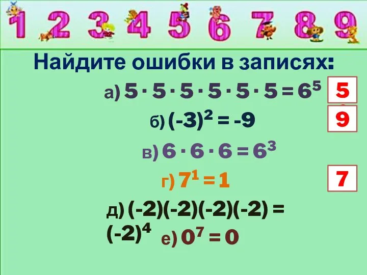 Найдите ошибки в записях: б) (-3)2 = -9 в) 6 · 6