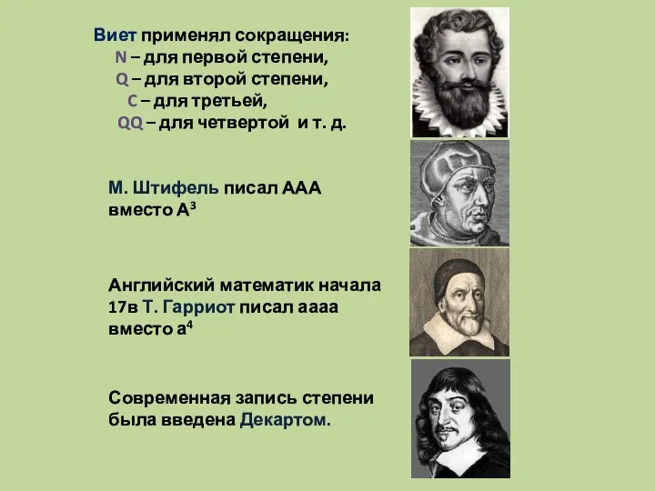 М. Штифель писал ААА вместо А3 Виет применял сокращения: N – для