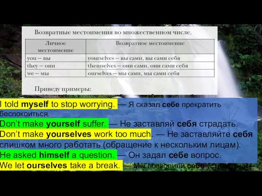 I told myself to stop worrying. — Я сказал себе прекратить беспокоиться.