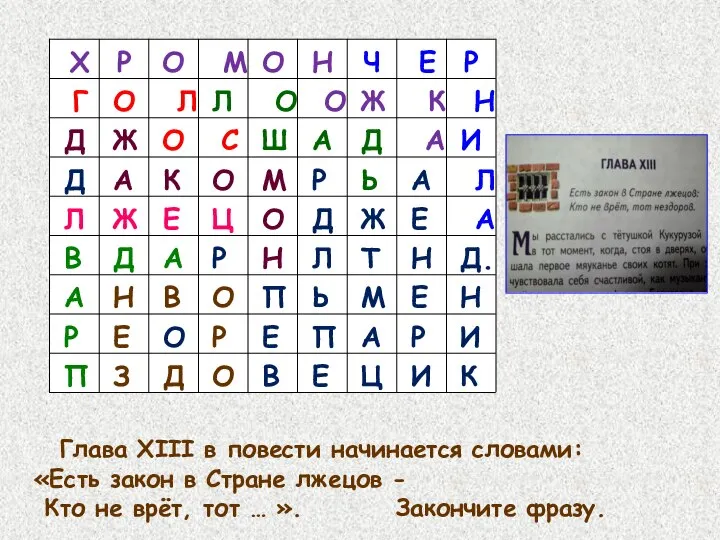 Глава XIII в повести начинается словами: «Есть закон в Стране лжецов -