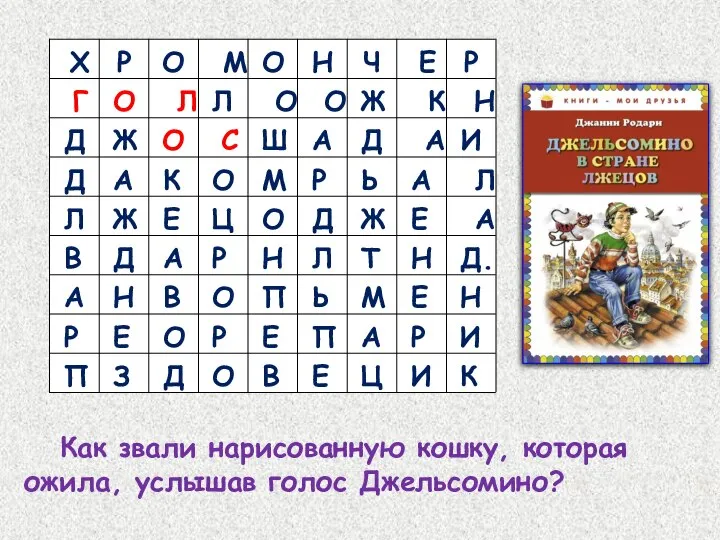 Как звали нарисованную кошку, которая ожила, услышав голос Джельсомино?