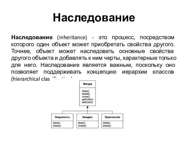 Наследование Наследование (inheritance) - это процесс, посредством которого один объект может приобретать