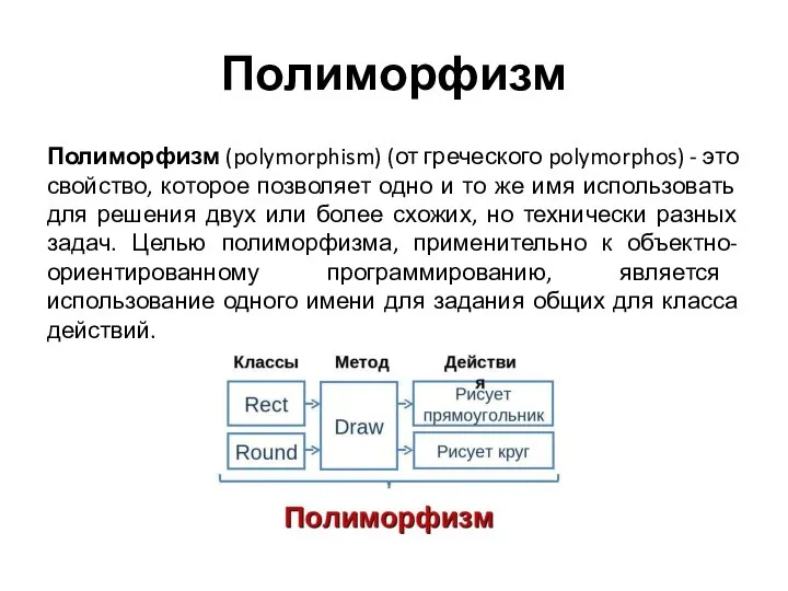 Полиморфизм Полиморфизм (polymorphism) (от греческого polymorphos) - это свойство, которое позволяет одно