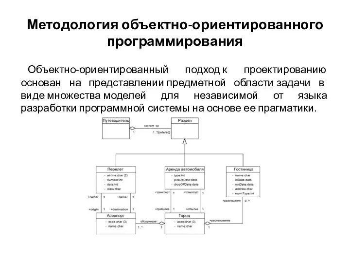 Методология объектно-ориентированного программирования Объектно-ориентированный подход к проектированию основан на представлении предметной области