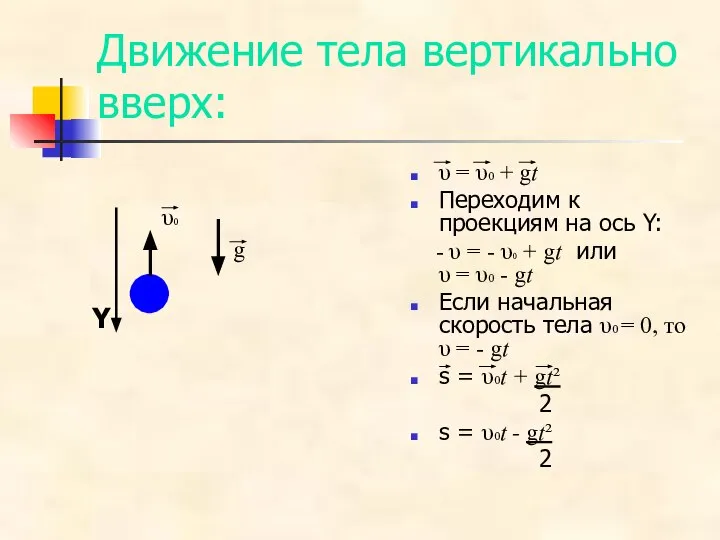 Движение тела вертикально вверх: υ = υ0 + gt Переходим к проекциям