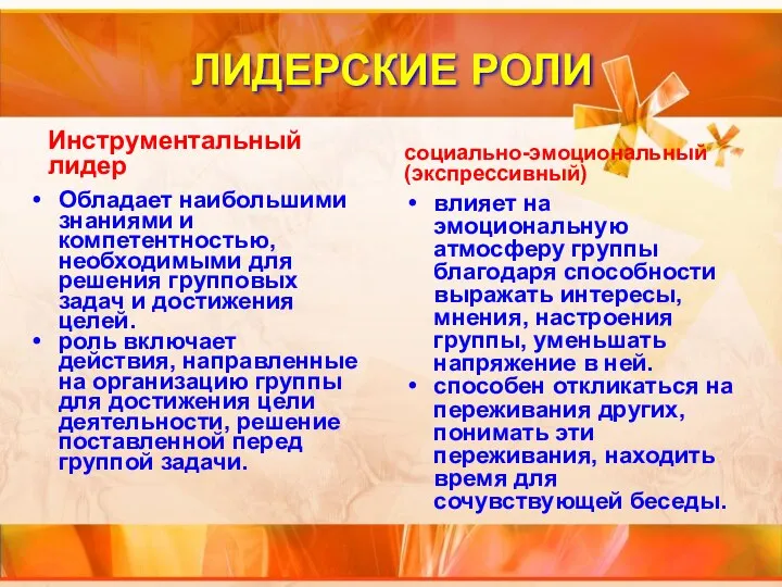 ЛИДЕРСКИЕ РОЛИ Инструментальный лидер Обладает наибольшими знаниями и компетентностью, необходимыми для решения