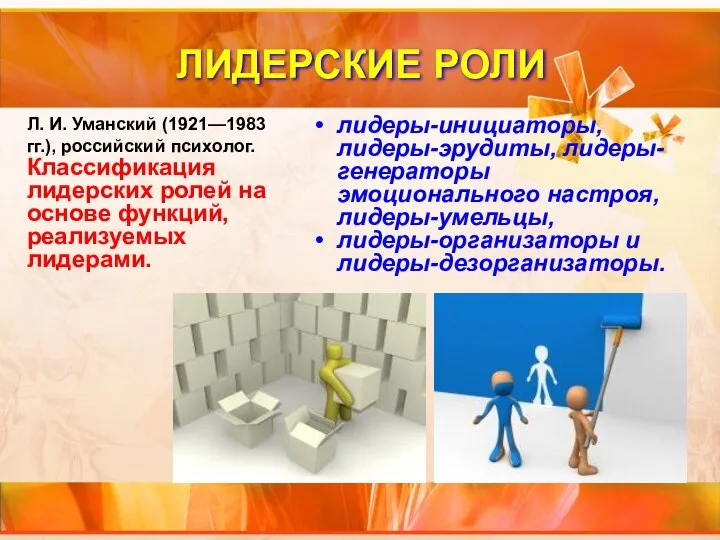 лидеры-инициаторы, лидеры-эрудиты, лидеры-генераторы эмоционального настроя, лидеры-умельцы, лидеры-организаторы и лидеры-дезорганизаторы. Л. И. Уманский