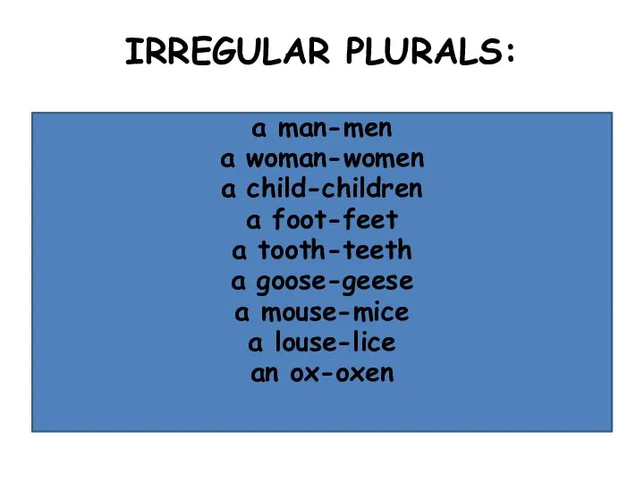 IRREGULAR PLURALS: a man-men a woman-women a child-children a foot-feet a tooth-teeth