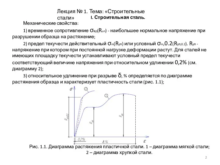 Лекция № 1. Тема: «Строительные стали» I. Строительная сталь. Механические свойства: 1)