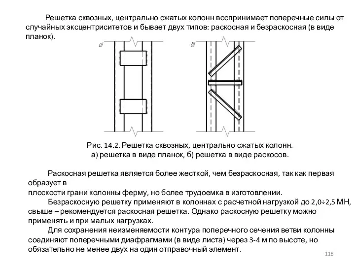 Решетка сквозных, центрально сжатых колонн воспринимает поперечные силы от случайных эксцентриситетов и