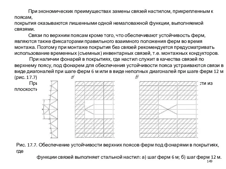 При экономических преимуществах замены связей настилом, прикрепленным к поясам, покрытия оказываются лишенными