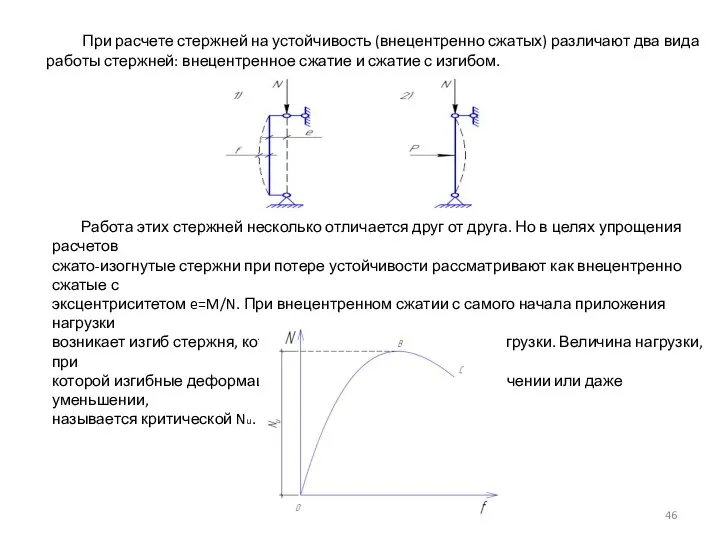 При расчете стержней на устойчивость (внецентренно сжатых) различают два вида работы стержней: