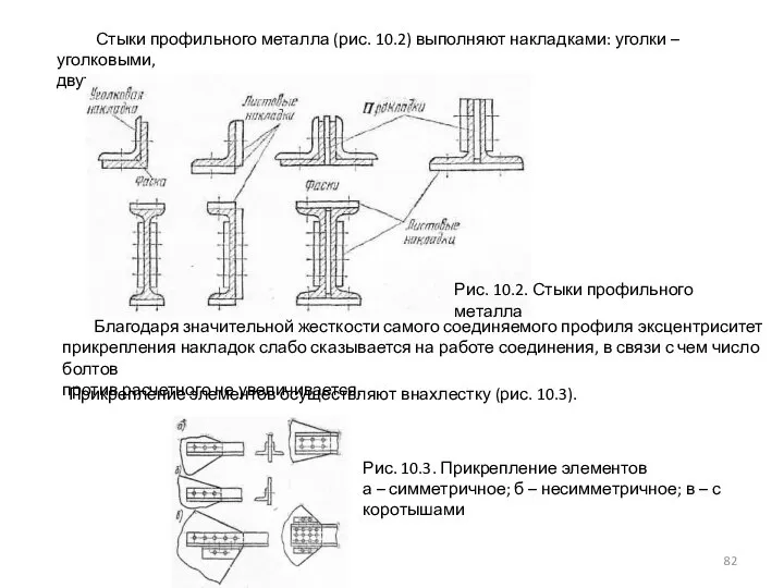 Стыки профильного металла (рис. 10.2) выполняют накладками: уголки – уголковыми, двутавры и