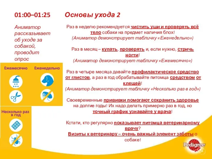 01:00–01:25 Раз в неделю рекомендуется чистить уши и проверять всё тело собаки