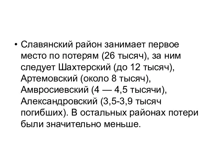 Славянский район занимает первое место по потерям (26 тысяч), за ним следует