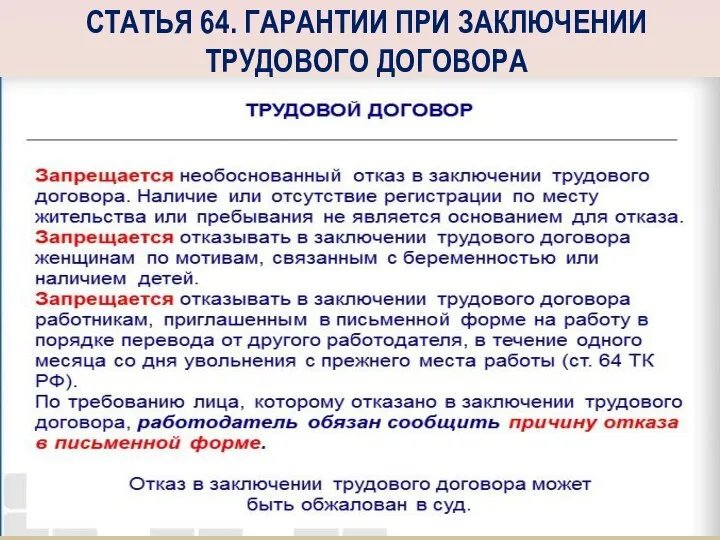 СТАТЬЯ 64. ГАРАНТИИ ПРИ ЗАКЛЮЧЕНИИ ТРУДОВОГО ДОГОВОРА