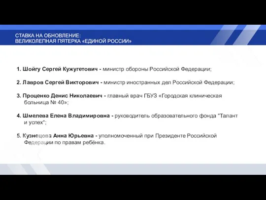 СТАВКА НА ОБНОВЛЕНИЕ: ВЕЛИКОЛЕПНАЯ ПЯТЕРКА «ЕДИНОЙ РОССИИ» 1. Шойгу Сергей Кужугетович -