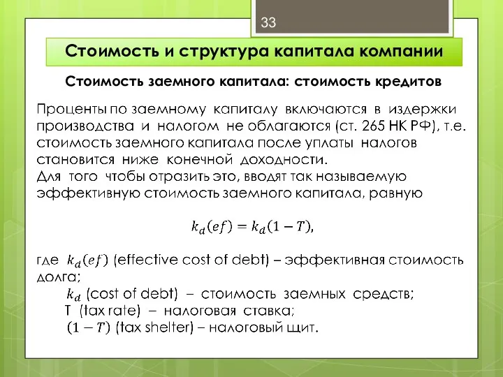 Стоимость и структура капитала компании Стоимость заемного капитала: стоимость кредитов