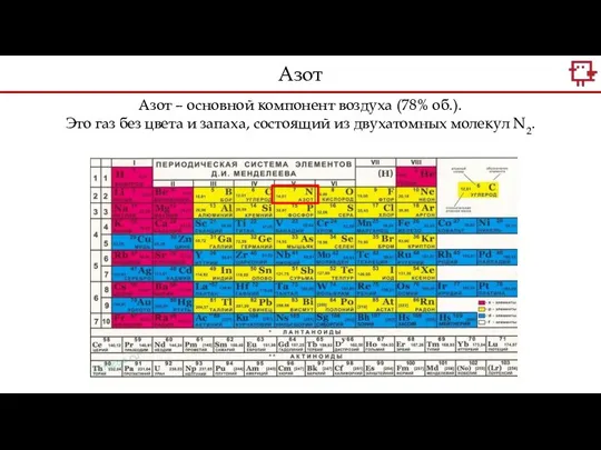 Азот – основной компонент воздуха (78% об.). Это газ без цвета и