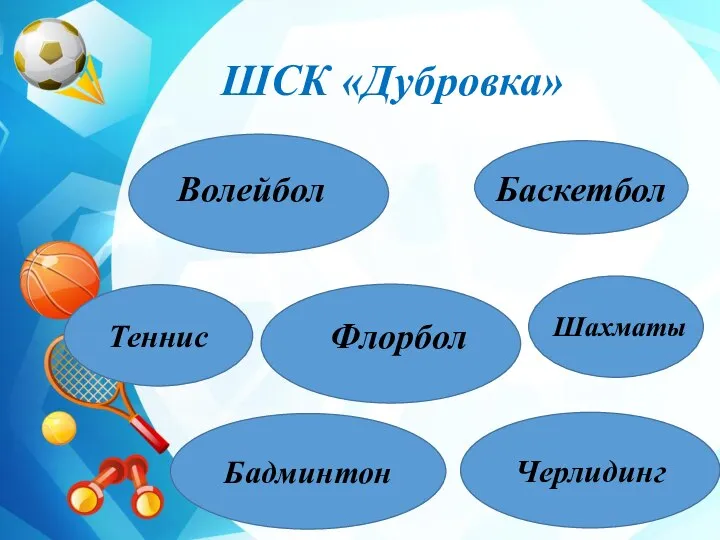 ШСК «Дубровка» Волейбол Баскетбол Флорбол Бадминтон Черлидинг Шахматы Теннис