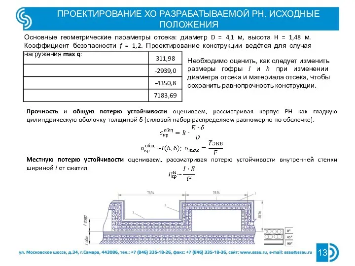 ПРОЕКТИРОВАНИЕ ХО РАЗРАБАТЫВАЕМОЙ РН. ИСХОДНЫЕ ПОЛОЖЕНИЯ Основные геометрические параметры отсека: диаметр D