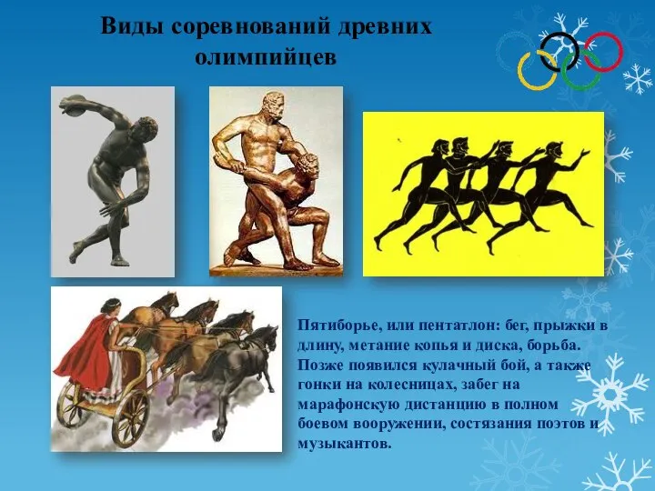 Виды соревнований древних олимпийцев Пятиборье, или пентатлон: бег, прыжки в длину, метание