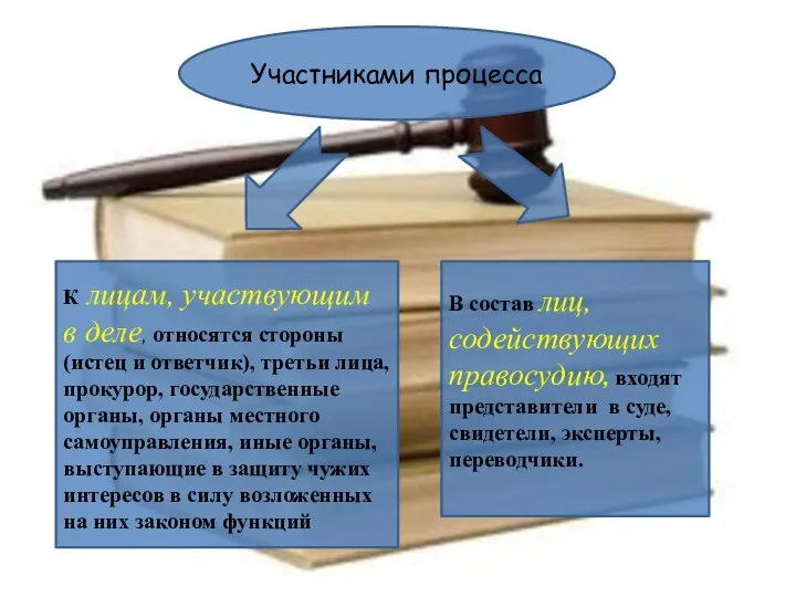 Участниками процесса К лицам, участвующим в деле, относятся стороны (истец и ответчик),