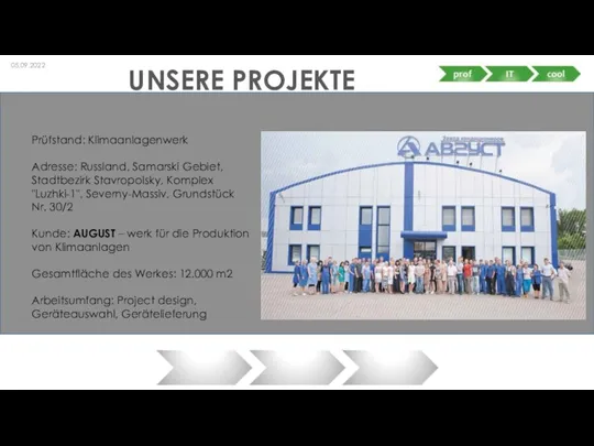 UNSERE PROJEKTE 05.09.2022 Prüfstand: Klimaanlagenwerk Adresse: Russland, Samarski Gebiet, Stadtbezirk Stavropolsky, Komplex