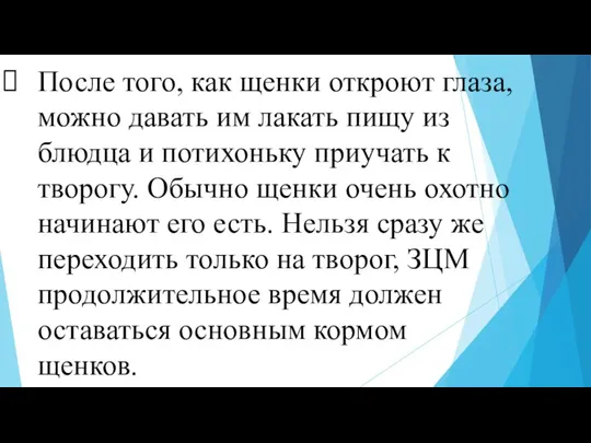 После того, как щенки откроют глаза, можно давать им лакать пищу из