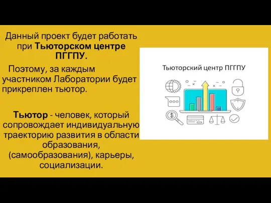 Данный проект будет работать при Тьюторском центре ПГГПУ. Поэтому, за каждым участником