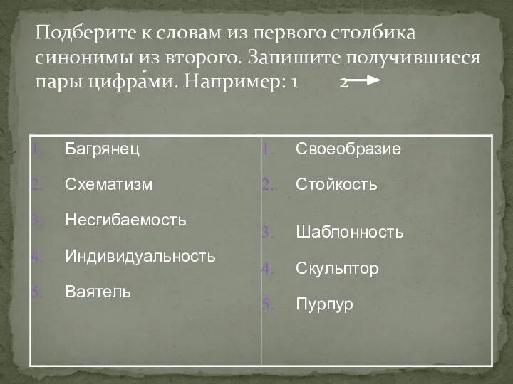 Подберите к словам из первого столбика синонимы из второго. Запишите получившиеся пары цифрами. Например: 1 2