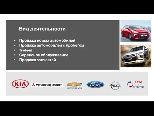 Продажа новых автомобилей Продажа автомобилей с пробегом Trade-in Сервисное обслуживание Продажа запчастей Вид деятельности